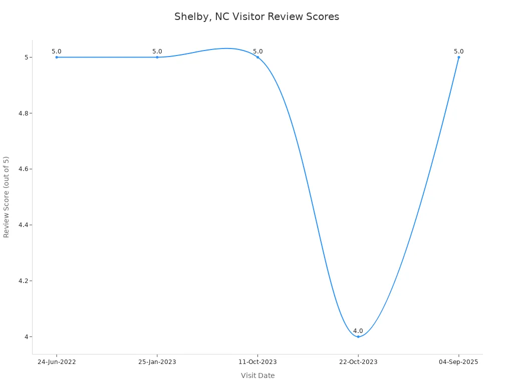 Line chart showing visitor review scores for Shelby, NC over time